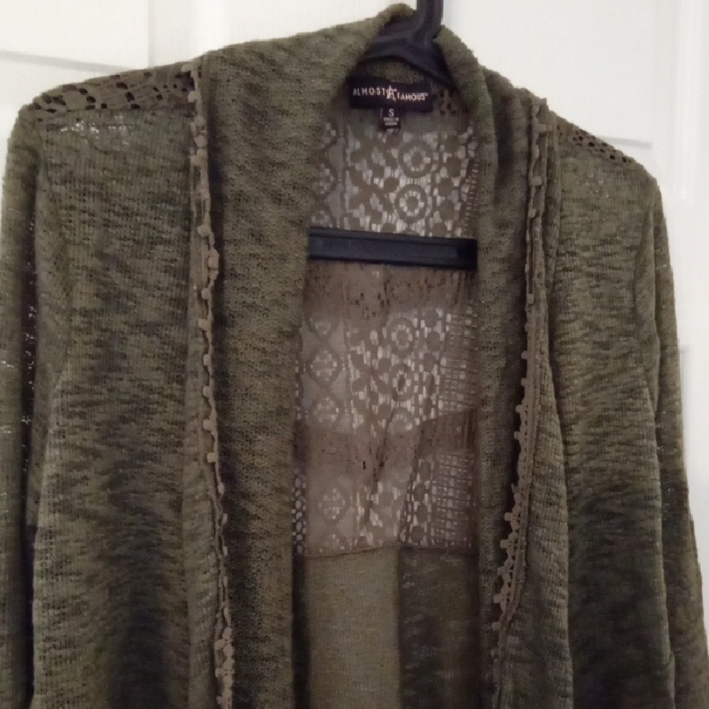 Almost Famous Olive Draped Front Waterfall Cardigan With Lace Back Small